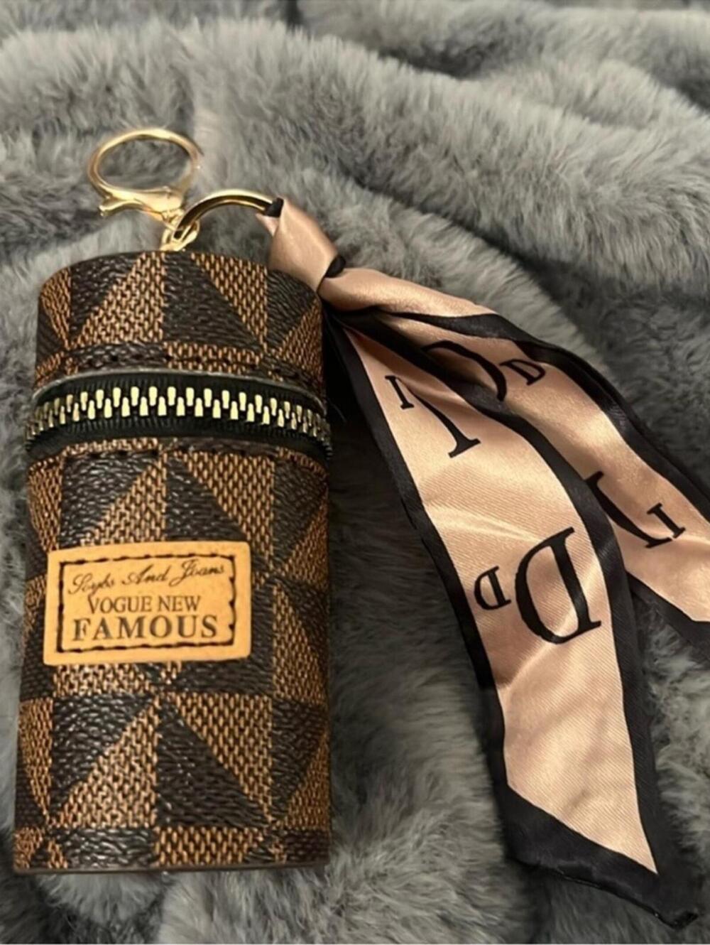 Brown and Black Cylindrical Mini Zipper Pouch Keychain Charm with Scarf nwot